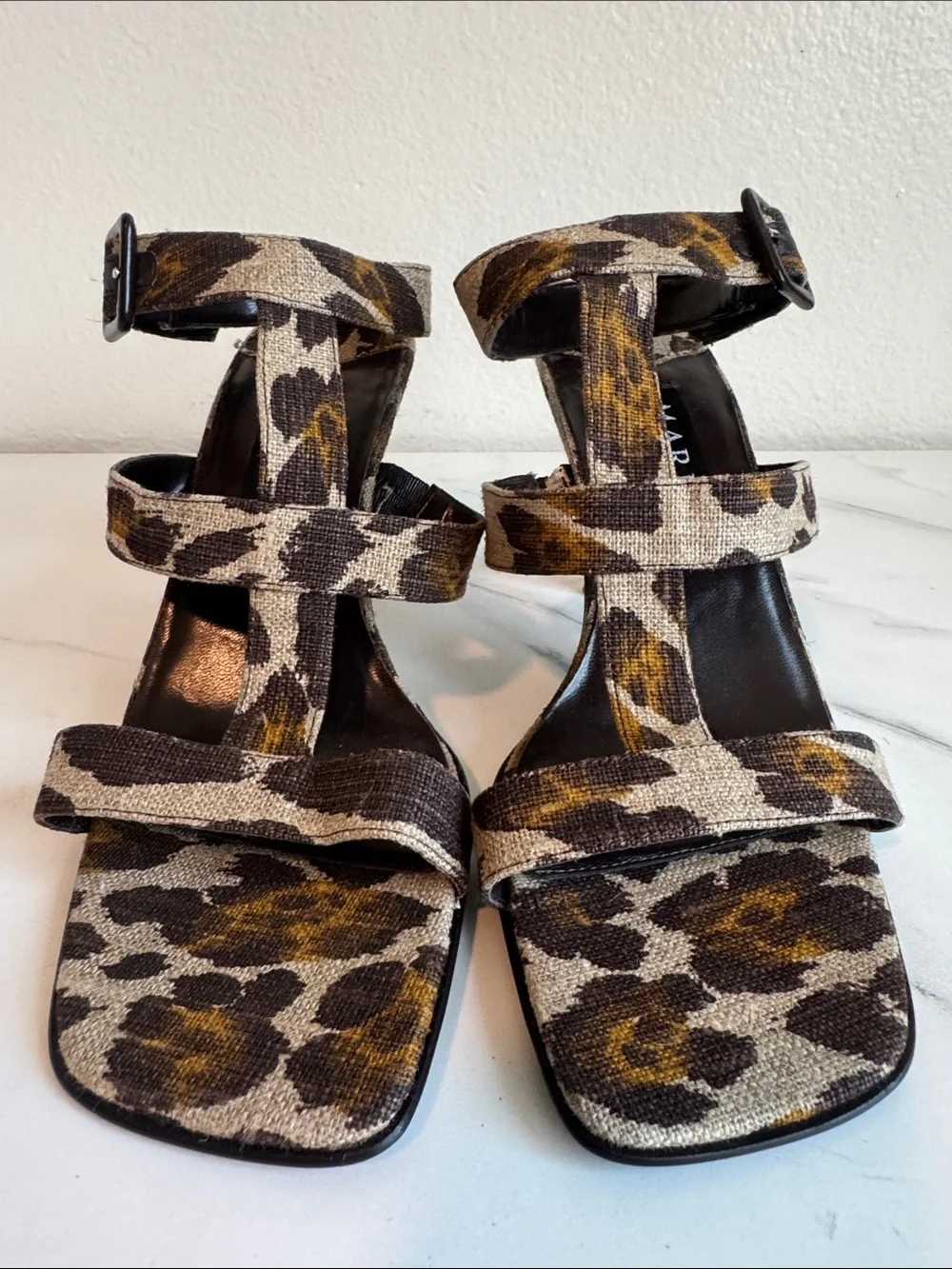 Animal-Print Strappy Heeled Sandals with Faux-Bamboo Women’s Size 9